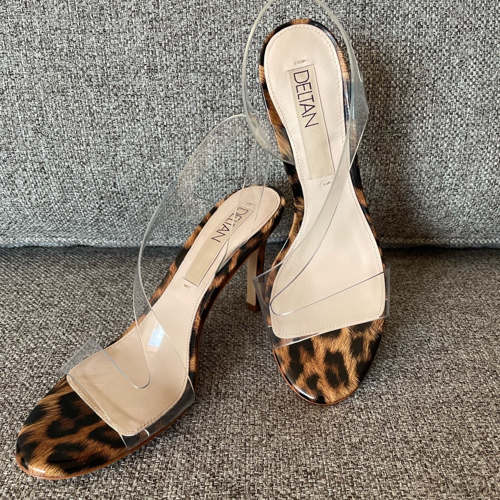 Deltan clear vinyl peep toe animal print heels